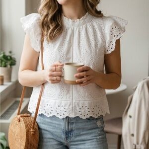 Women's White Eyelet Flutter Sleeve Blouse by